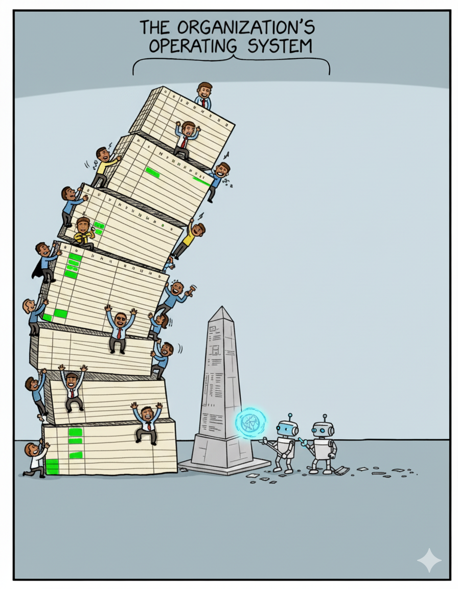 Generated image representing a organisation running on a stack of heroically maintained spreadsheets.