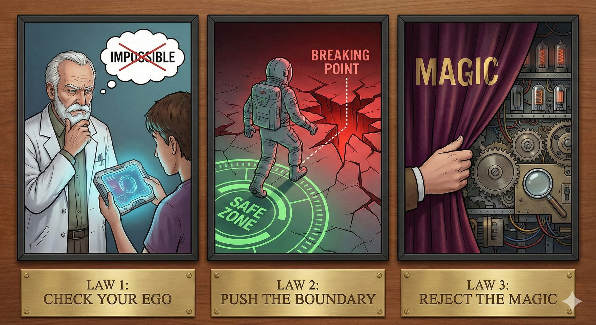 (AI Generated) An illustration presented as a triptych of three framed panels, each with a brass plaque below it. The left panel, titled "LAW 1: CHECK YOUR EGO," shows an older scientist with a thought bubble containing "IMPOSSIBLE" crossed out, looking at a futuristic device held by a younger person. The middle panel, titled "LAW 2: PUSH THE BOUNDARY," features an astronaut stepping from a green "SAFE ZONE" into a red, cracked landscape labeled "BREAKING POINT." The right panel, titled "LAW 3: REJECT THE MAGIC," depicts a hand pulling back a curtain labeled "MAGIC" to reveal complex gears and wires underneath.