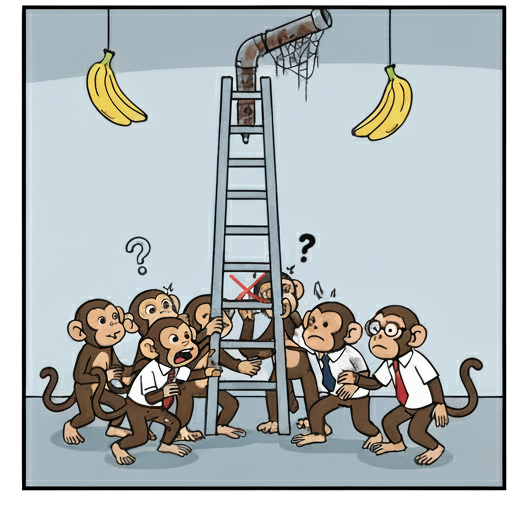 AI generated image of some confused monkey's at the base of a forbidden ladder