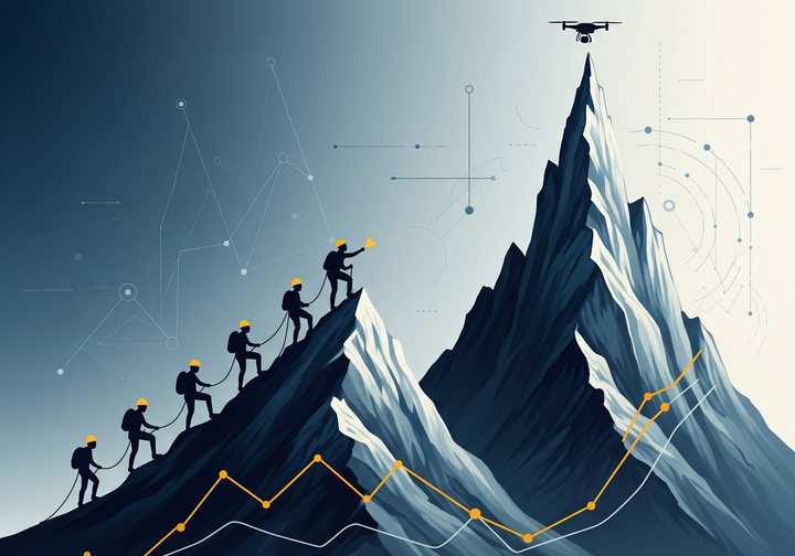 AI generated image of two mountains. A team of climbers summits the smaller one on the left while a drone surveys the taller one on the right.